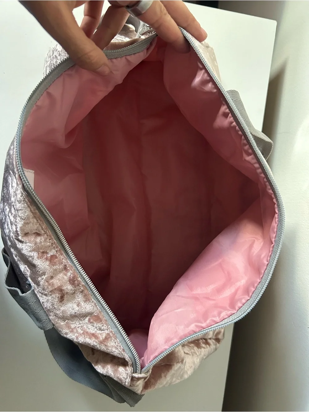 Justice Pink Crush Velvet Tote with Gray Straps